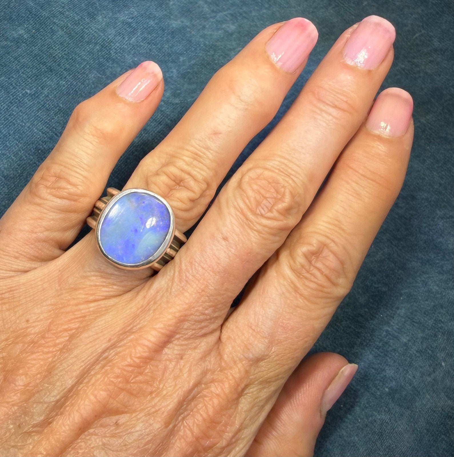 Australian Ocean Blue + Lavender Boulder Opal Ring. Wide Band. 15gm