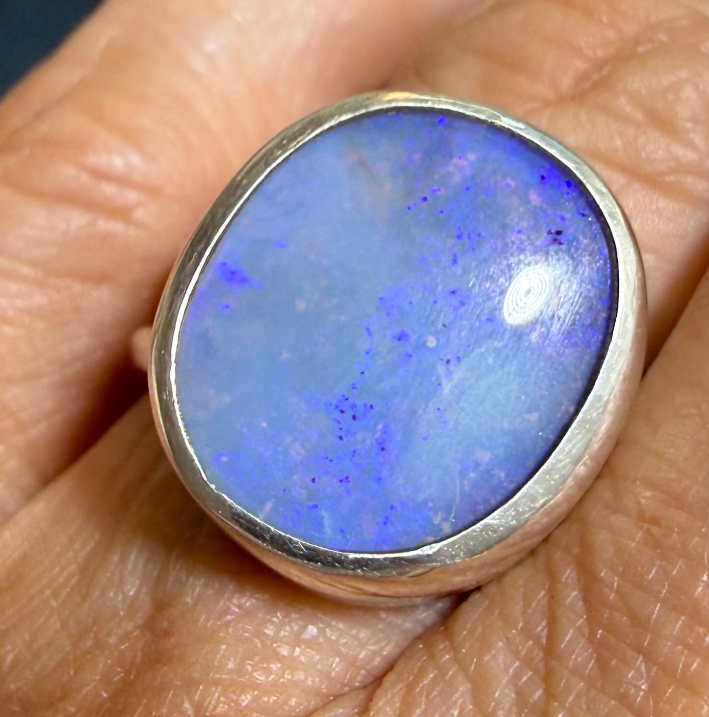 Australian Ocean Blue + Lavender Boulder Opal Ring. Wide Band. 15gm