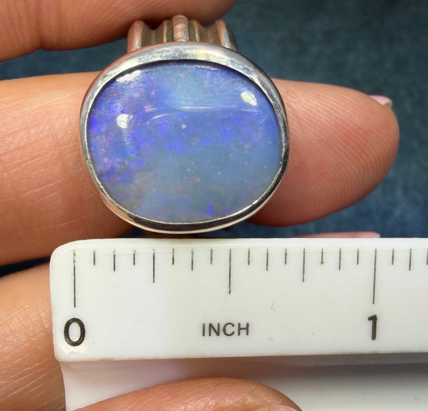 Australian Ocean Blue + Lavender Boulder Opal Ring. Wide Band. 15gm