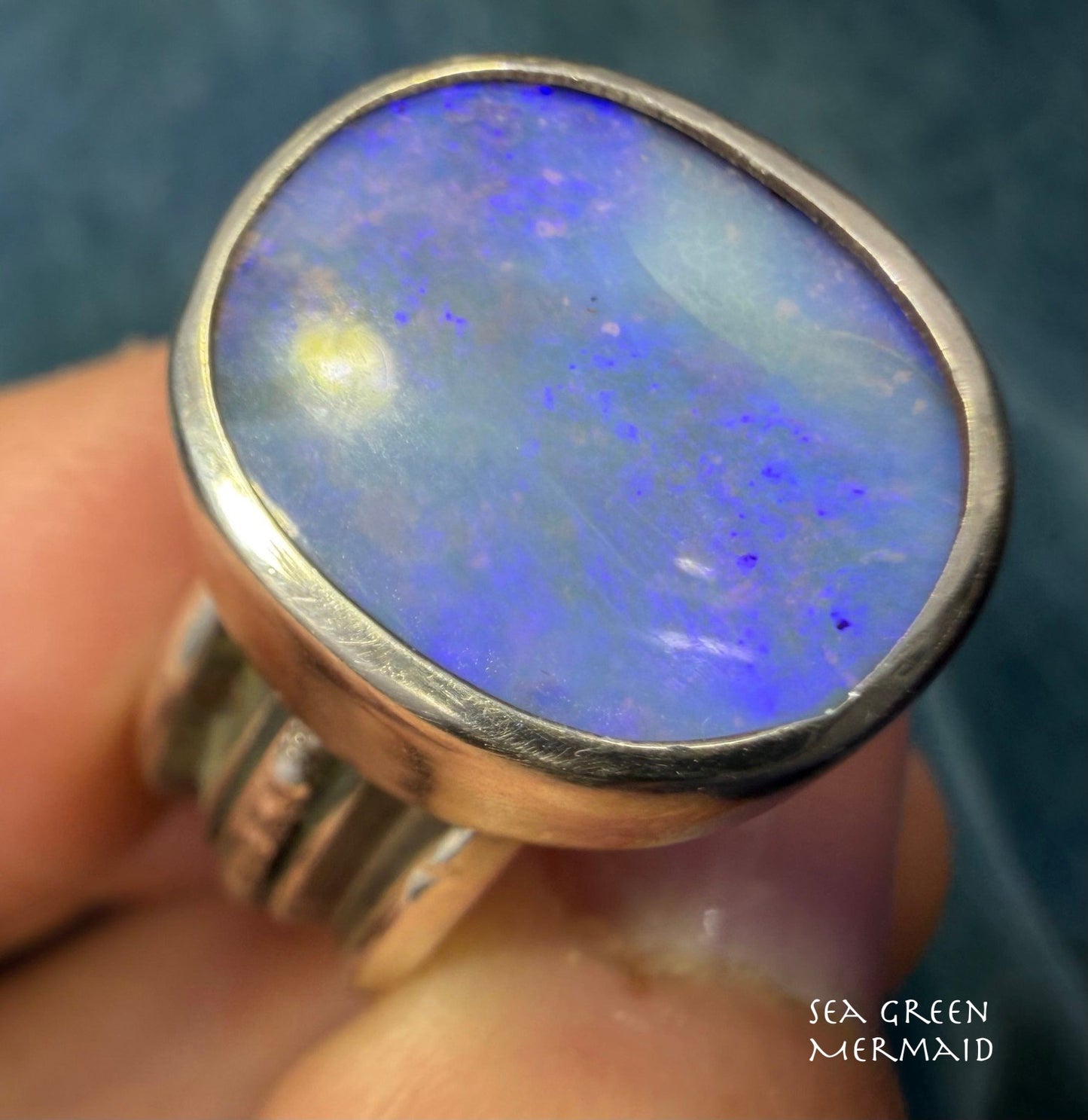 Australian Ocean Blue + Lavender Boulder Opal Ring. Wide Band. 15gm