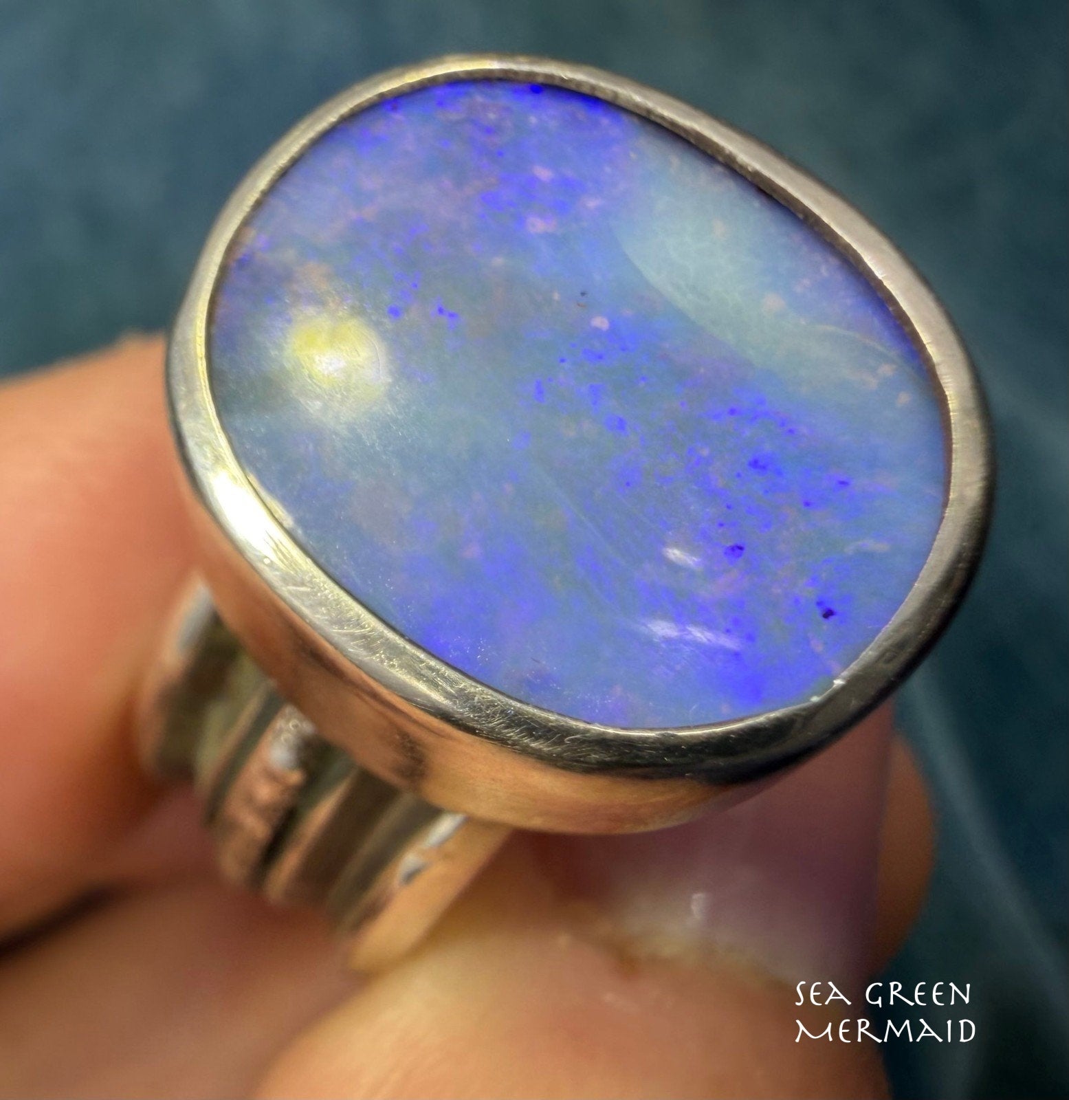 Australian Ocean Blue + Lavender Boulder Opal Ring. Wide Band. 15gm