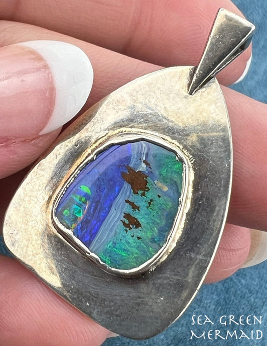 Australian Ocean Boulder Opal Pendant in Silver. 1.5" *Video*