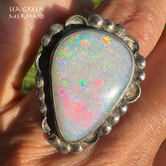 Australian Opal Doublet Ring in Sterling Silver. 1"+ 9g *Video*