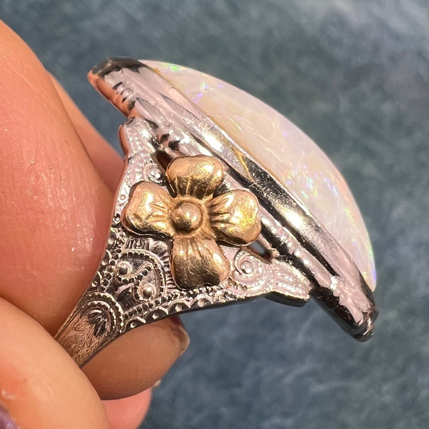 Australian Opal Dragons Egg Ring in 925 Sterling Silver. 1.5" *Video*