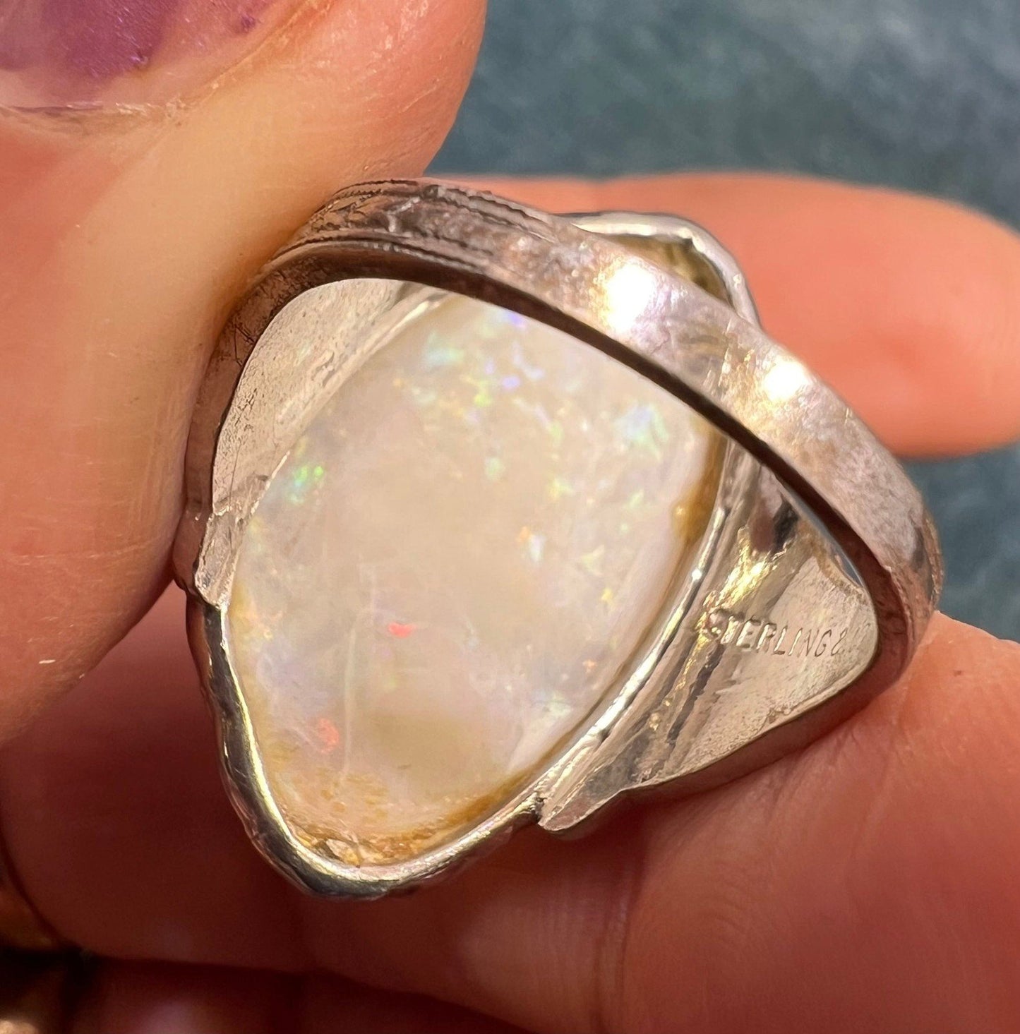 Australian Opal Dragons Egg Ring in 925 Sterling Silver. 1.5" *Video*