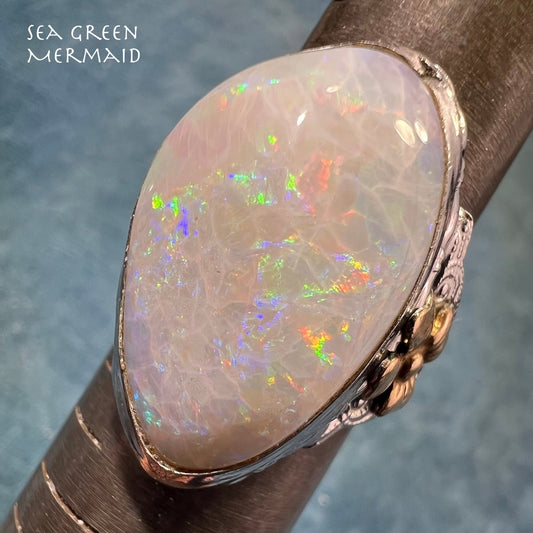 Australian Opal Dragons Egg Ring in 925 Sterling Silver. 1.5" *Video*