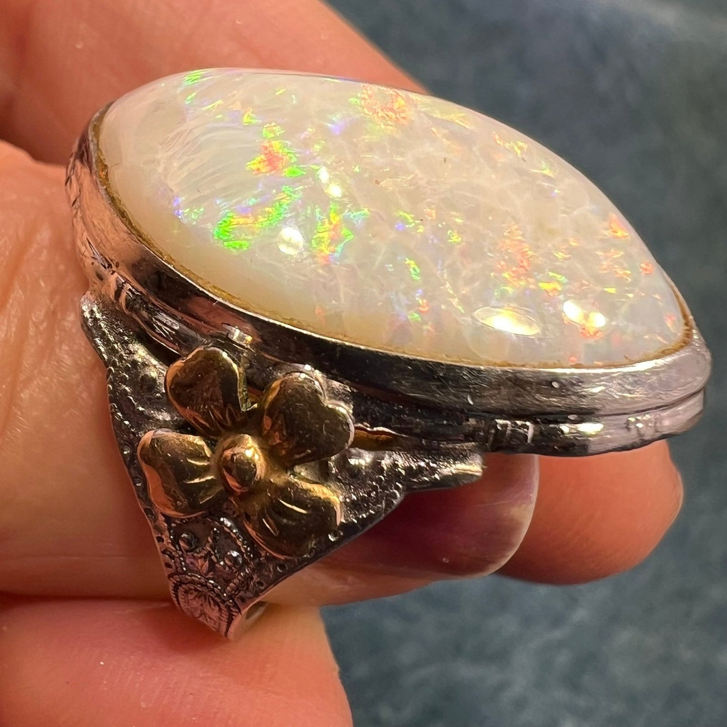 Australian Opal Dragons Egg Ring in 925 Sterling Silver. 1.5" *Video*