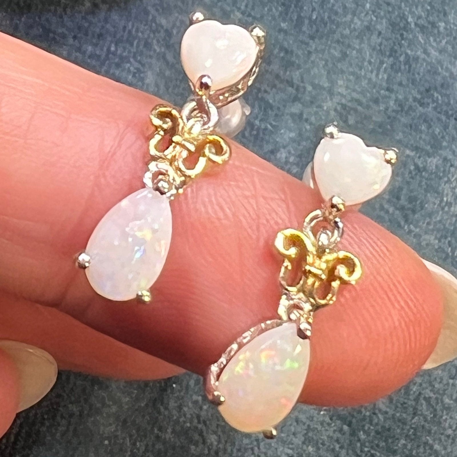 Australian Opal Heart + Teardrop Dangle Earrings in Sterling Silver
