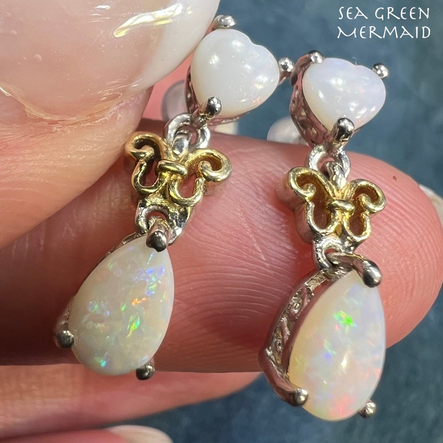 Australian Opal Heart + Teardrop Dangle Earrings in Sterling Silver
