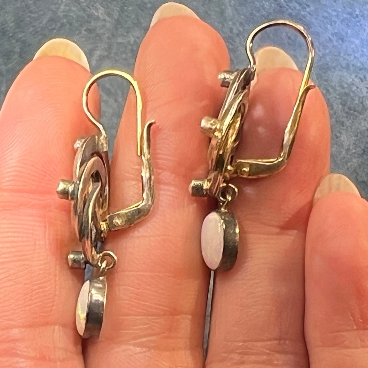 Australian Opal Love KNOT Leverback Dangle Drop Earrings. Gold-Tone Silver