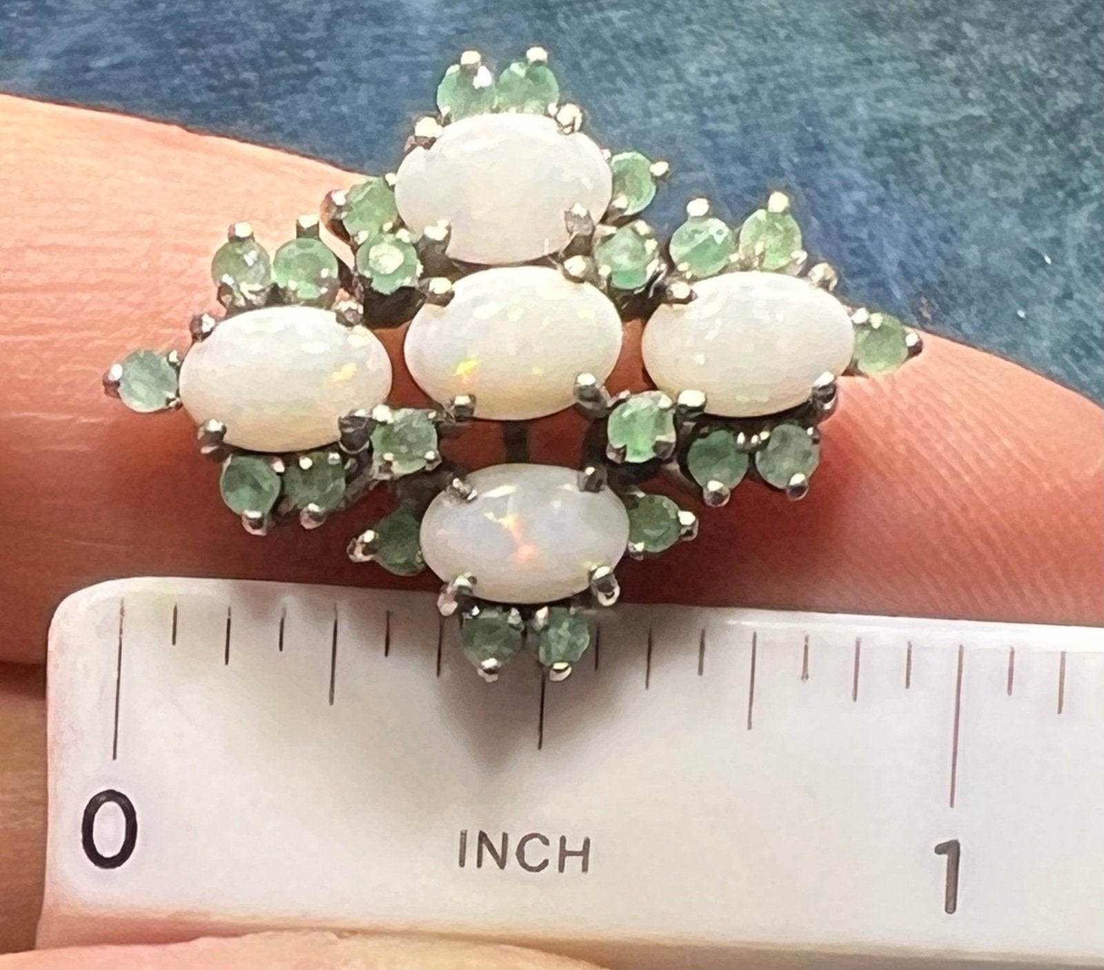 Australian Opal + Natural Emerald Diamond Shaped Ring. 1" Wide *Video*