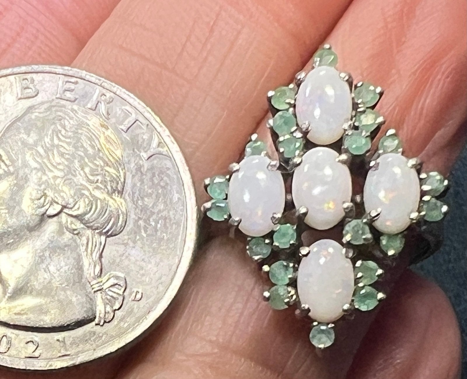 Australian Opal + Natural Emerald Diamond Shaped Ring. 1" Wide *Video*