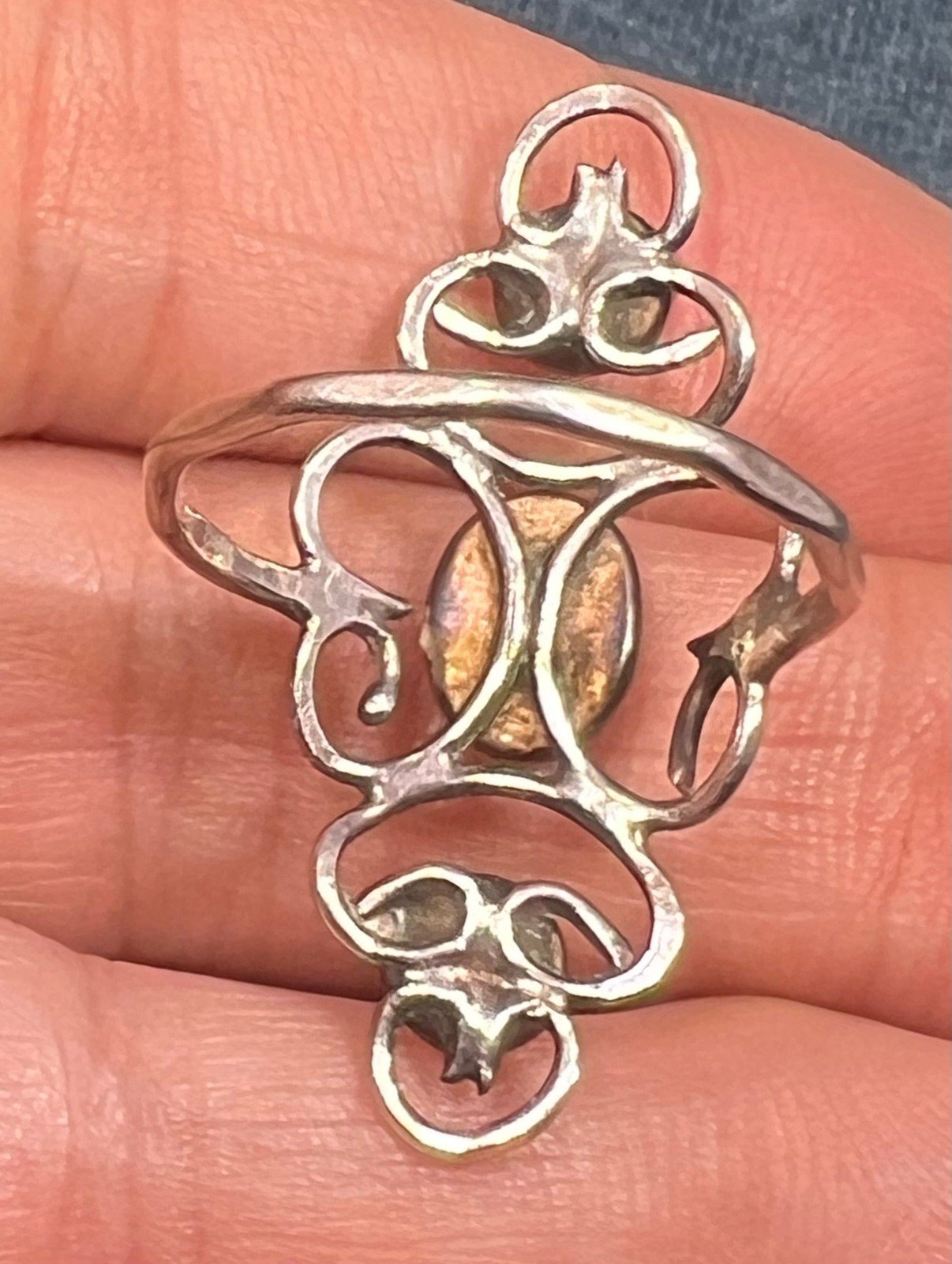 Australian Opal + Onyx 1" Wide Silver Filigree Ring Band. Navette