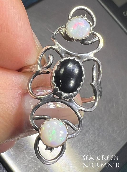 Australian Opal + Onyx 1" Wide Silver Filigree Ring Band. Navette