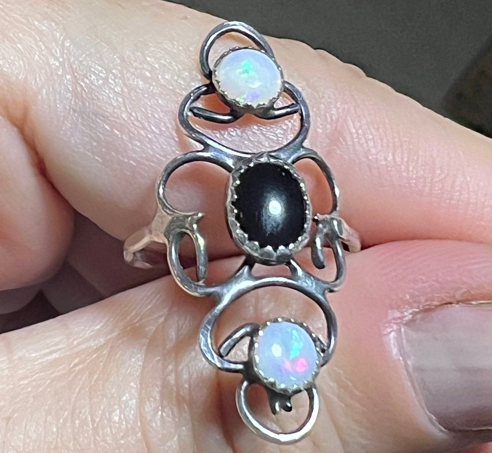 Australian Opal + Onyx 1" Wide Silver Filigree Ring Band. Navette