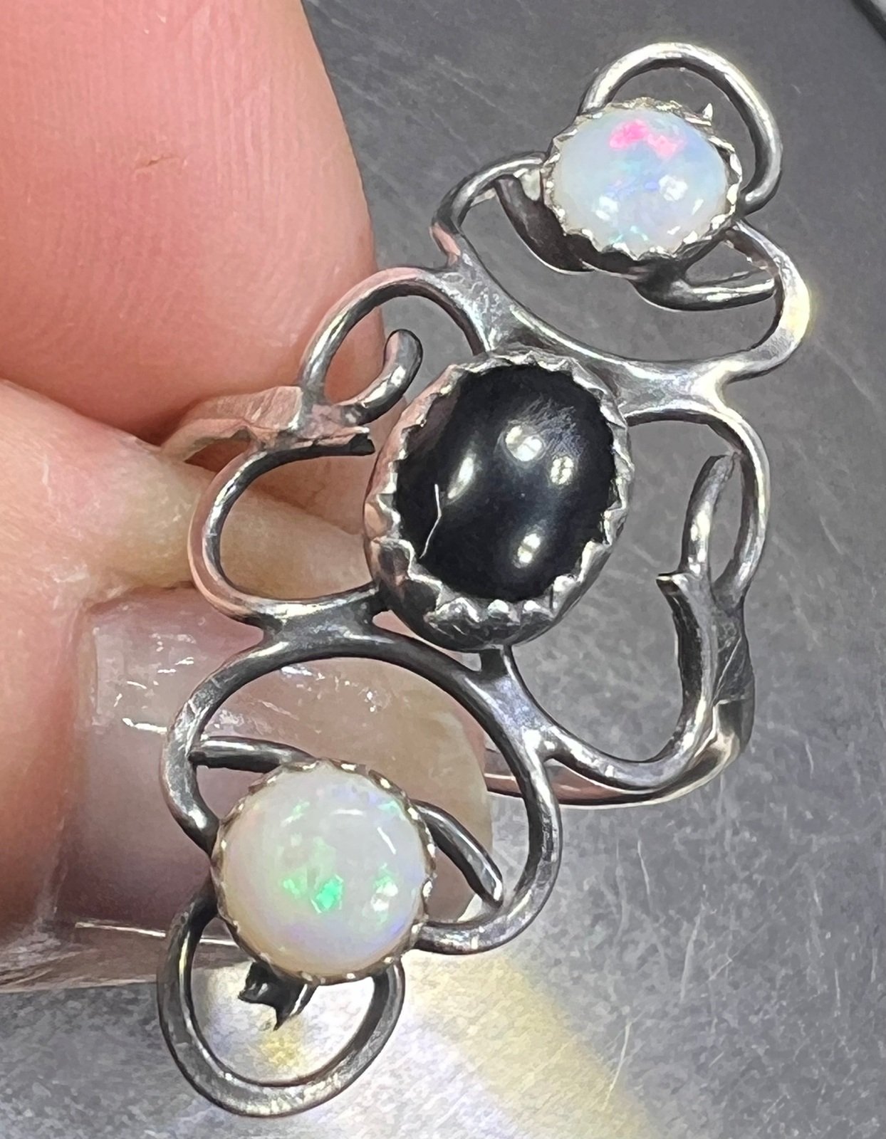 Australian Opal + Onyx 1" Wide Silver Filigree Ring Band. Navette