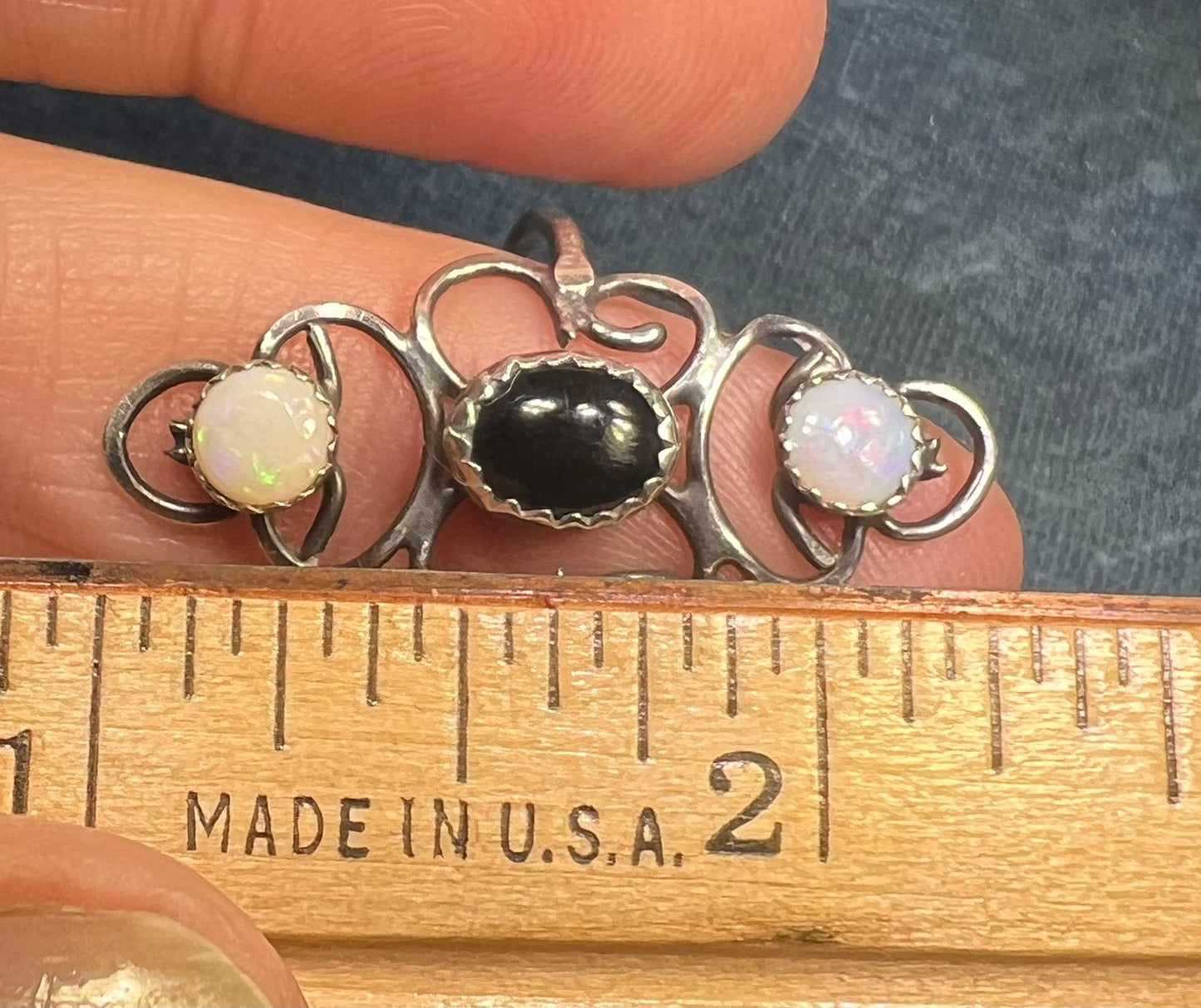 Australian Opal + Onyx 1" Wide Silver Filigree Ring Band. Navette