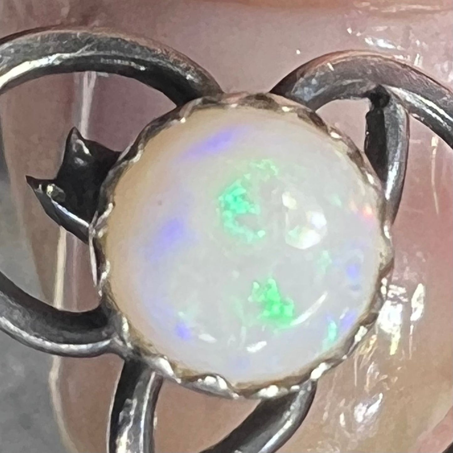 Australian Opal + Onyx 1" Wide Silver Filigree Ring Band. Navette