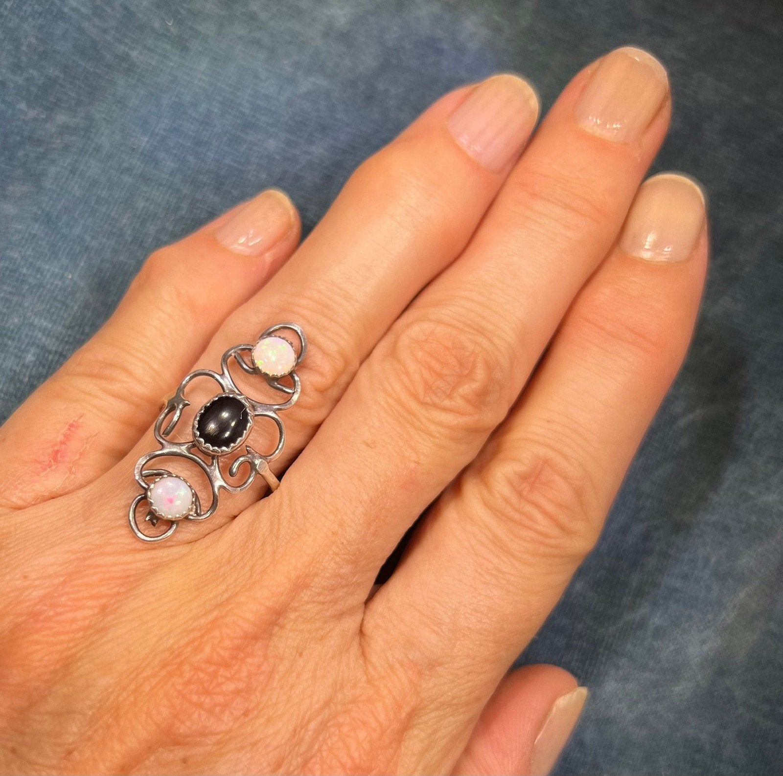 Australian Opal + Onyx 1" Wide Silver Filigree Ring Band. Navette