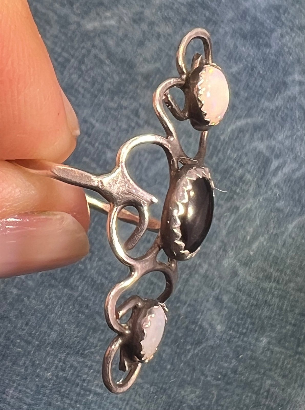 Australian Opal + Onyx 1" Wide Silver Filigree Ring Band. Navette