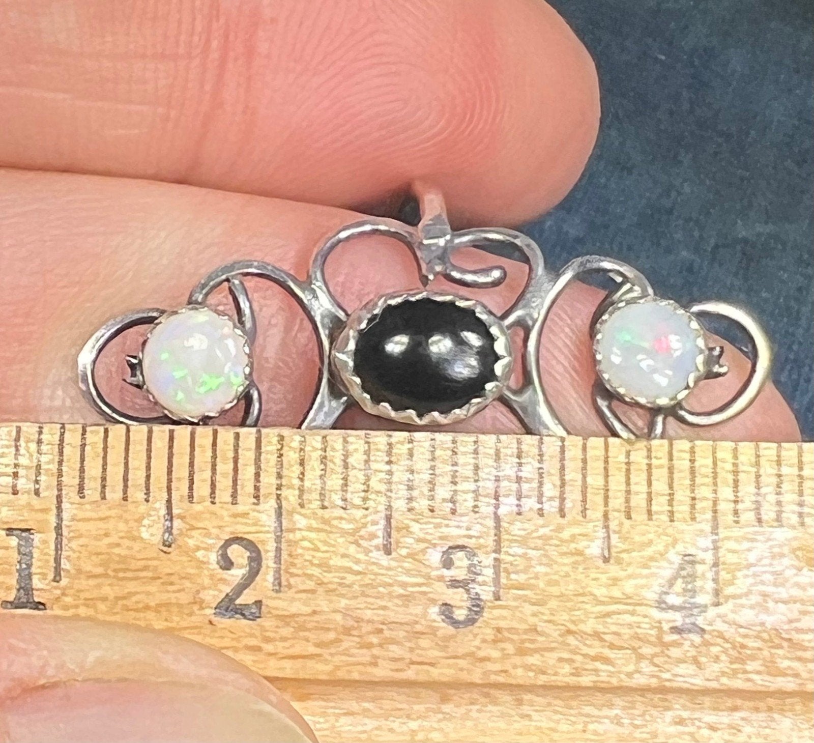 Australian Opal + Onyx 1" Wide Silver Filigree Ring Band. Navette