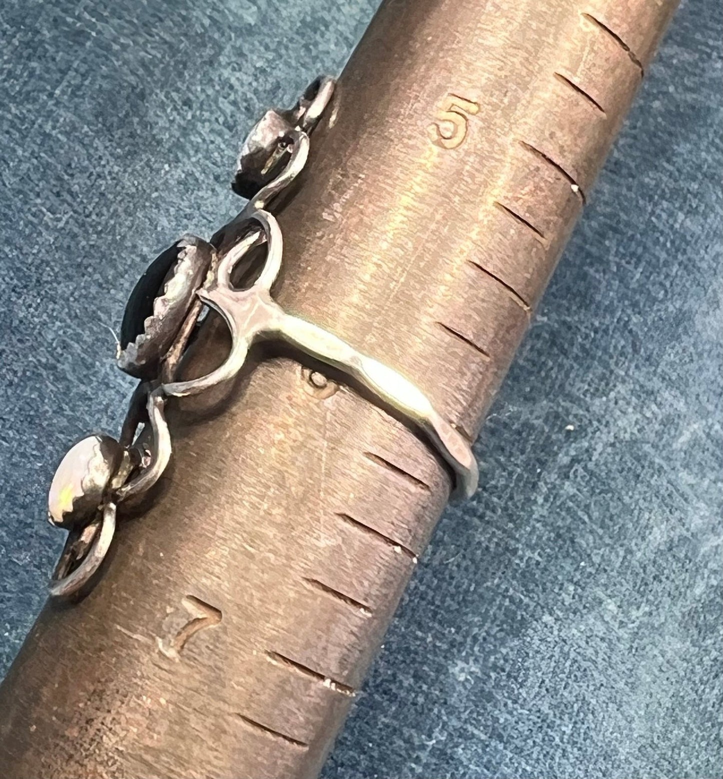 Australian Opal + Onyx 1" Wide Silver Filigree Ring Band. Navette