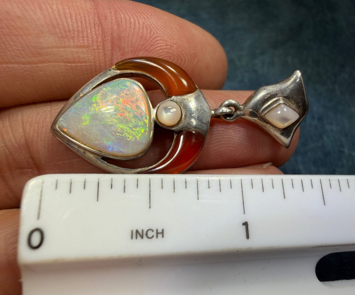 Australian Opal Pendant in Sterling Silver w Crescent Moon *Video*