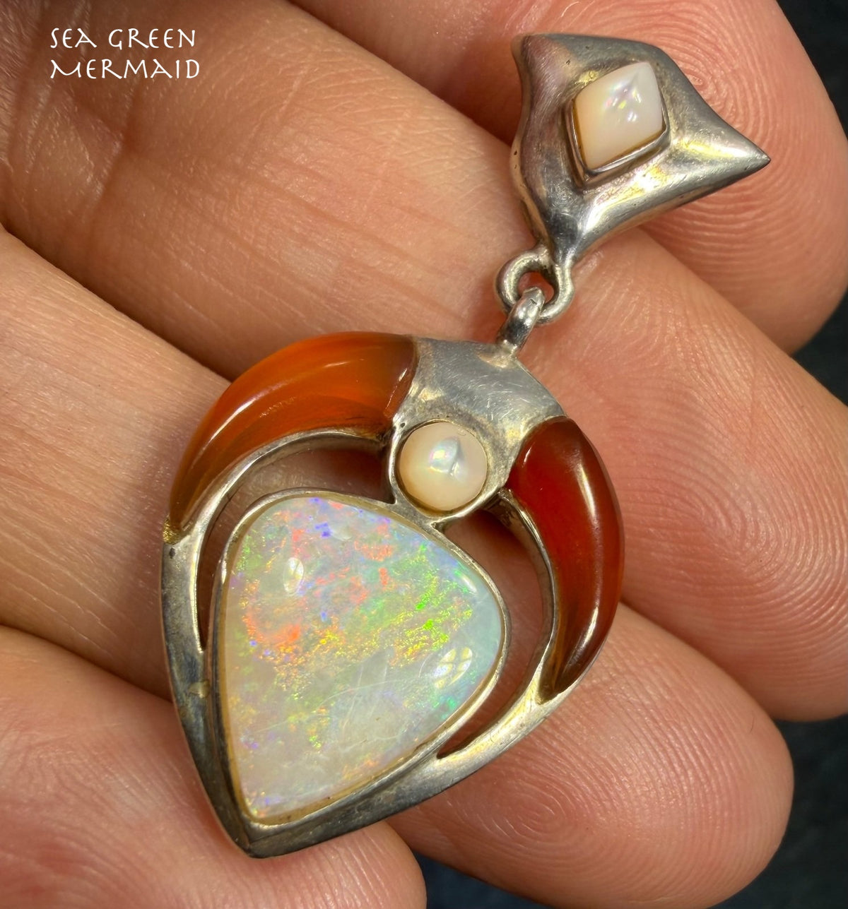 Australian Opal Pendant in Sterling Silver w Crescent Moon