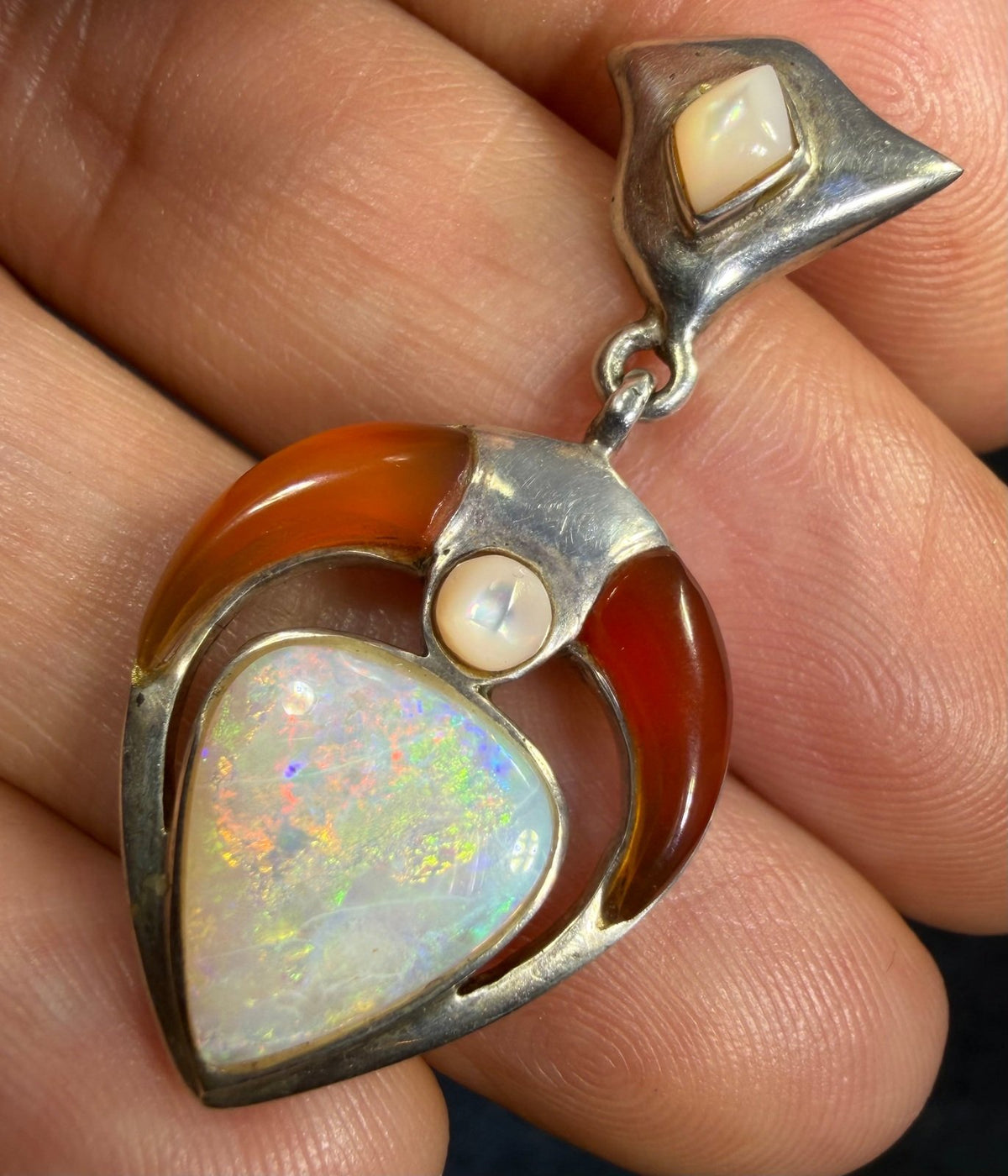 Australian Opal Pendant in Sterling Silver w Crescent Moon *Video*