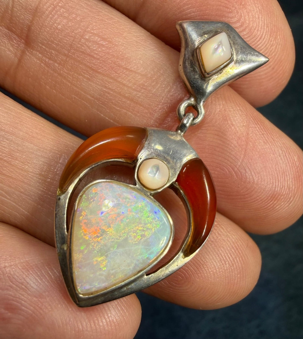Australian Opal Pendant in Sterling Silver w Crescent Moon *Video*