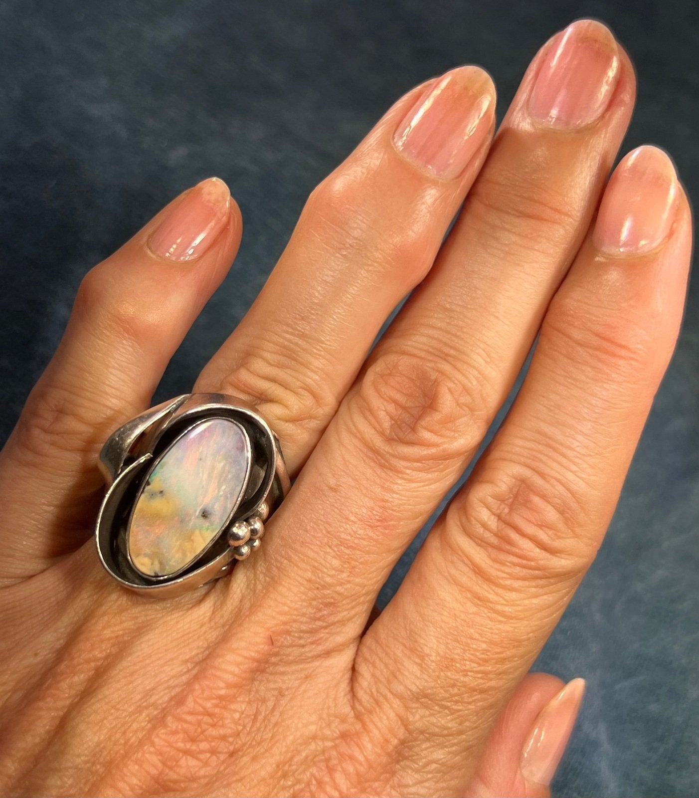 Australian Opal Ring in Old Pawn Sterling Silver. 1" + 10g *Video*