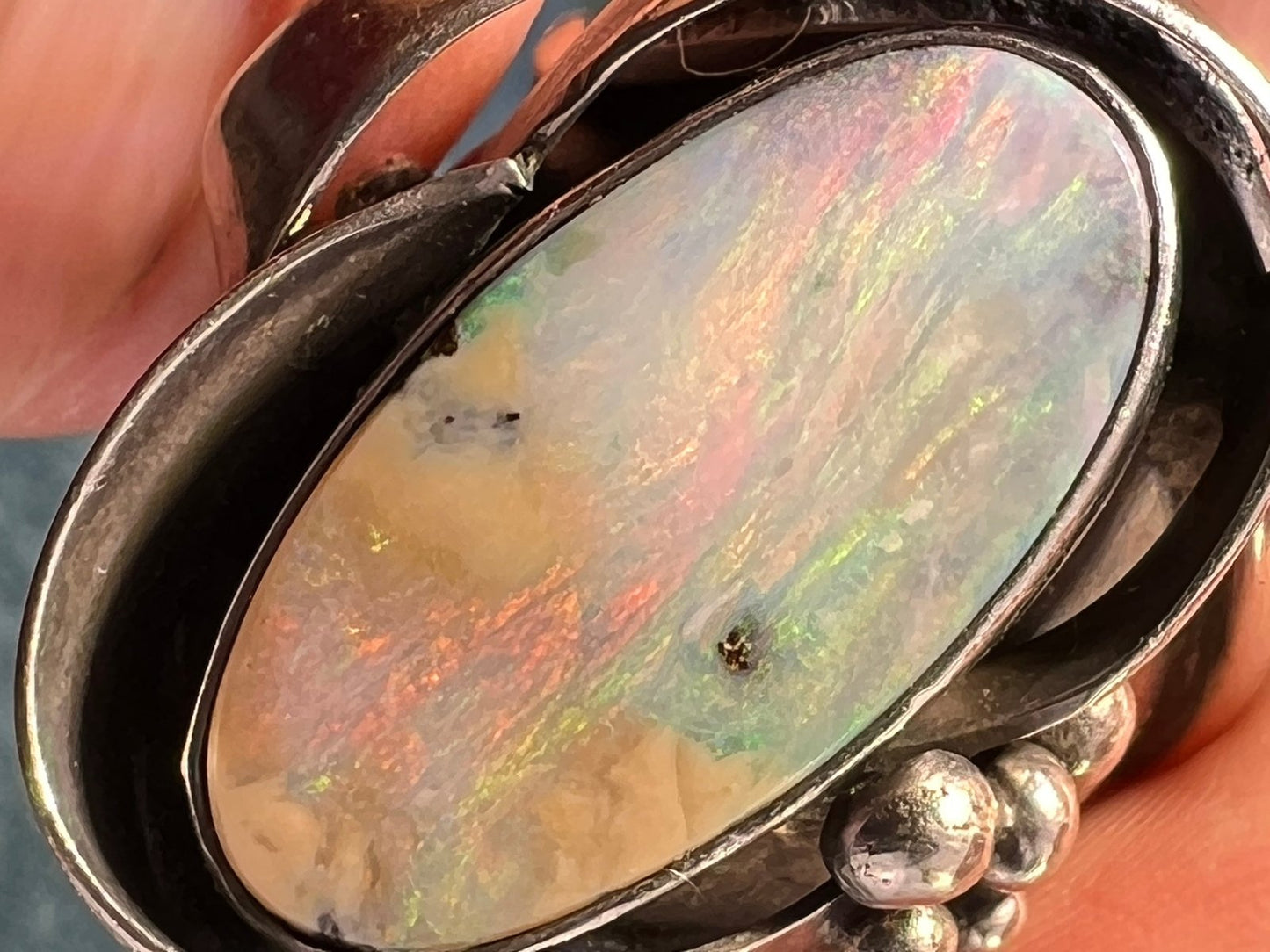 Australian Opal Ring in Old Pawn Sterling Silver. 1" + 10g *Video*