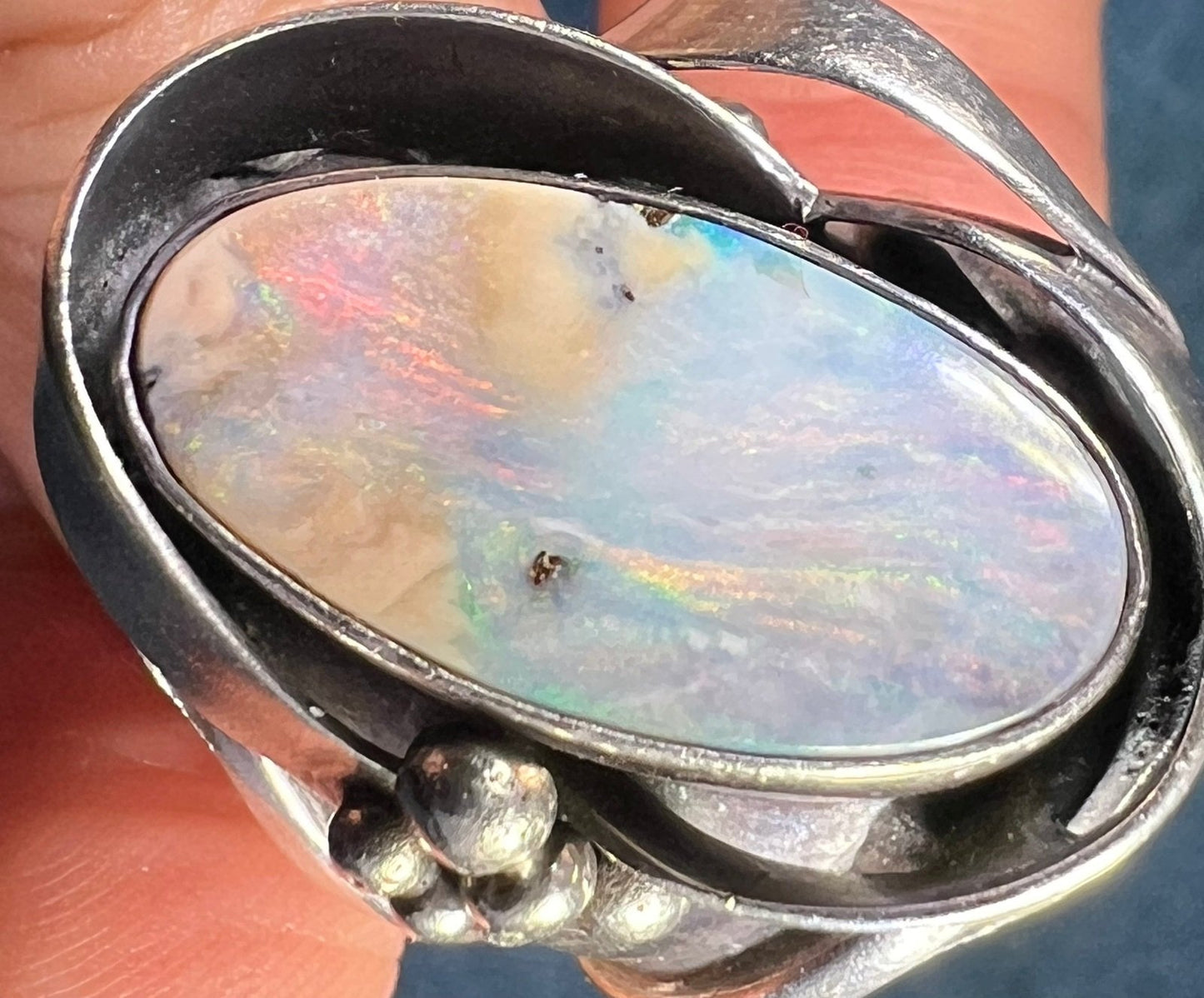 Australian Opal Ring in Old Pawn Sterling Silver. 1" + 10g *Video*