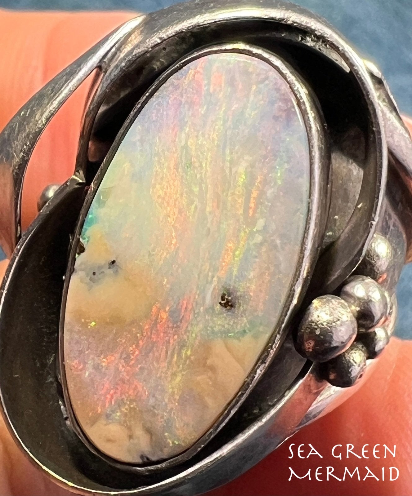 Australian Opal Ring in Old Pawn Sterling Silver. 1" + 10g *Video*