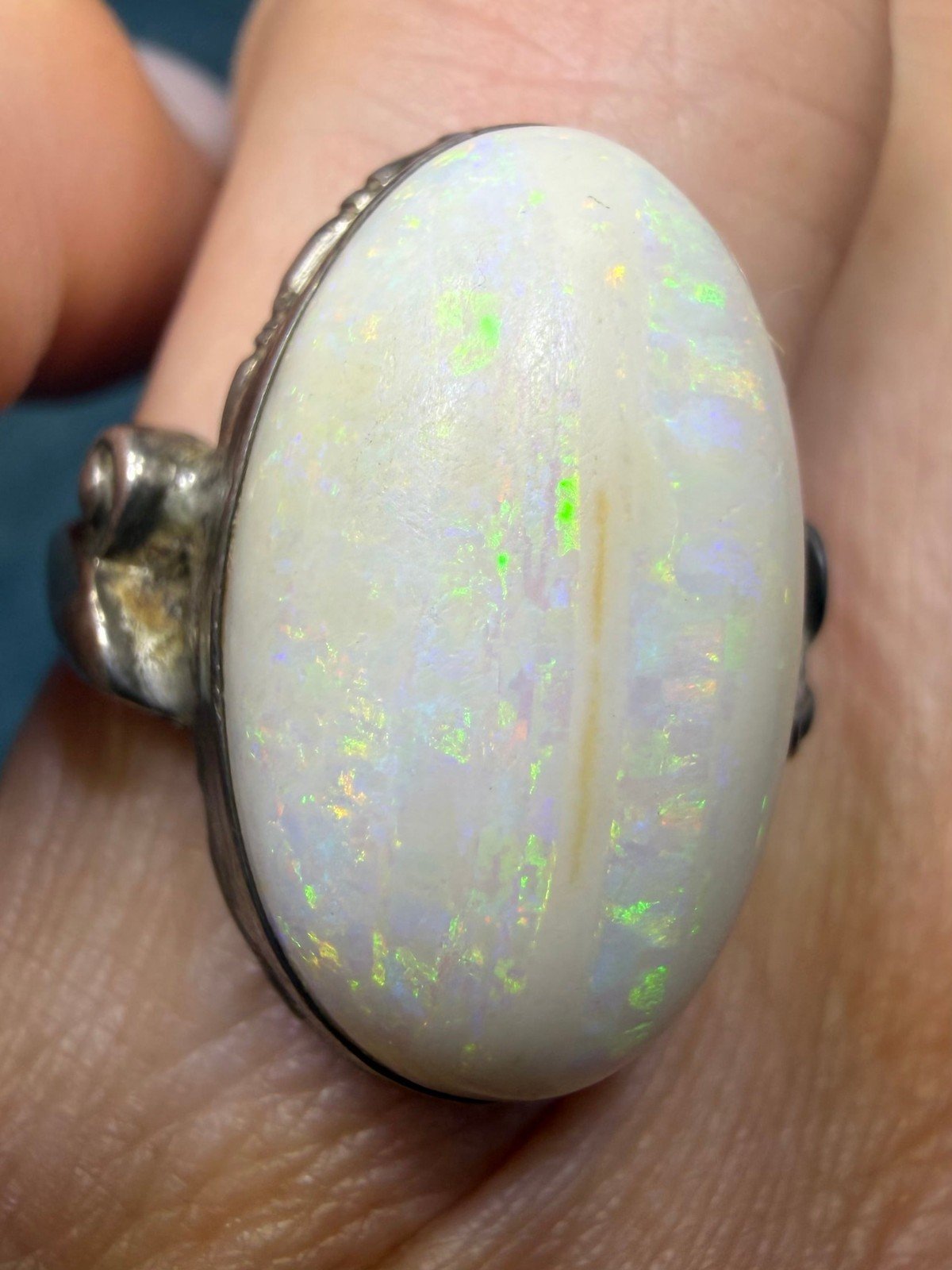 Australian Opal Ring in Sterling Silver. Green Fire 3/4" *Video*