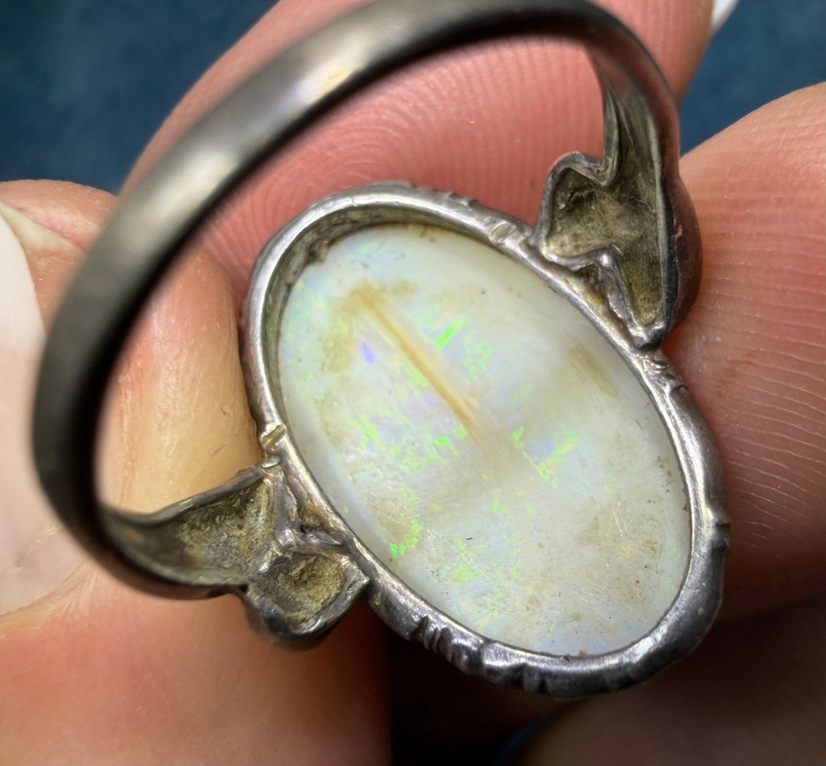 Australian Opal Ring in Sterling Silver. Green Fire 3/4" *Video*