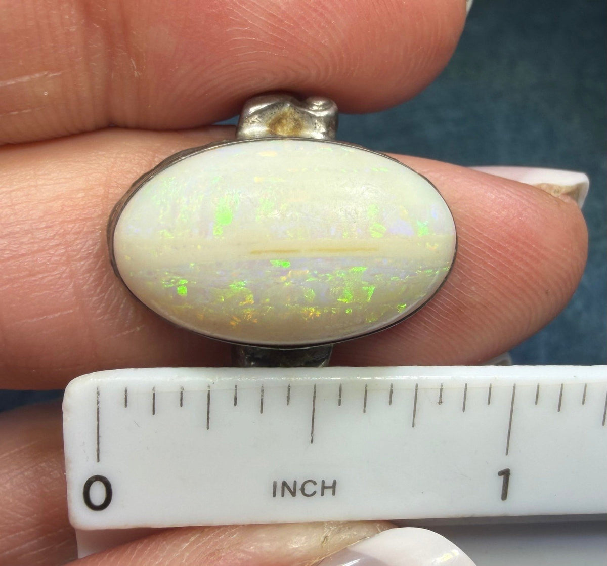 Australian Opal Ring in Sterling Silver. Green Fire 3/4" *Video*