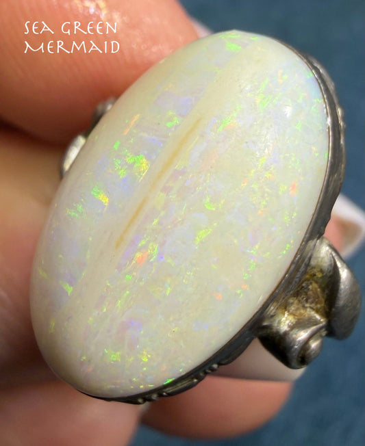 Australian Opal Ring in Sterling Silver. Green Fire 3/4" *Video*