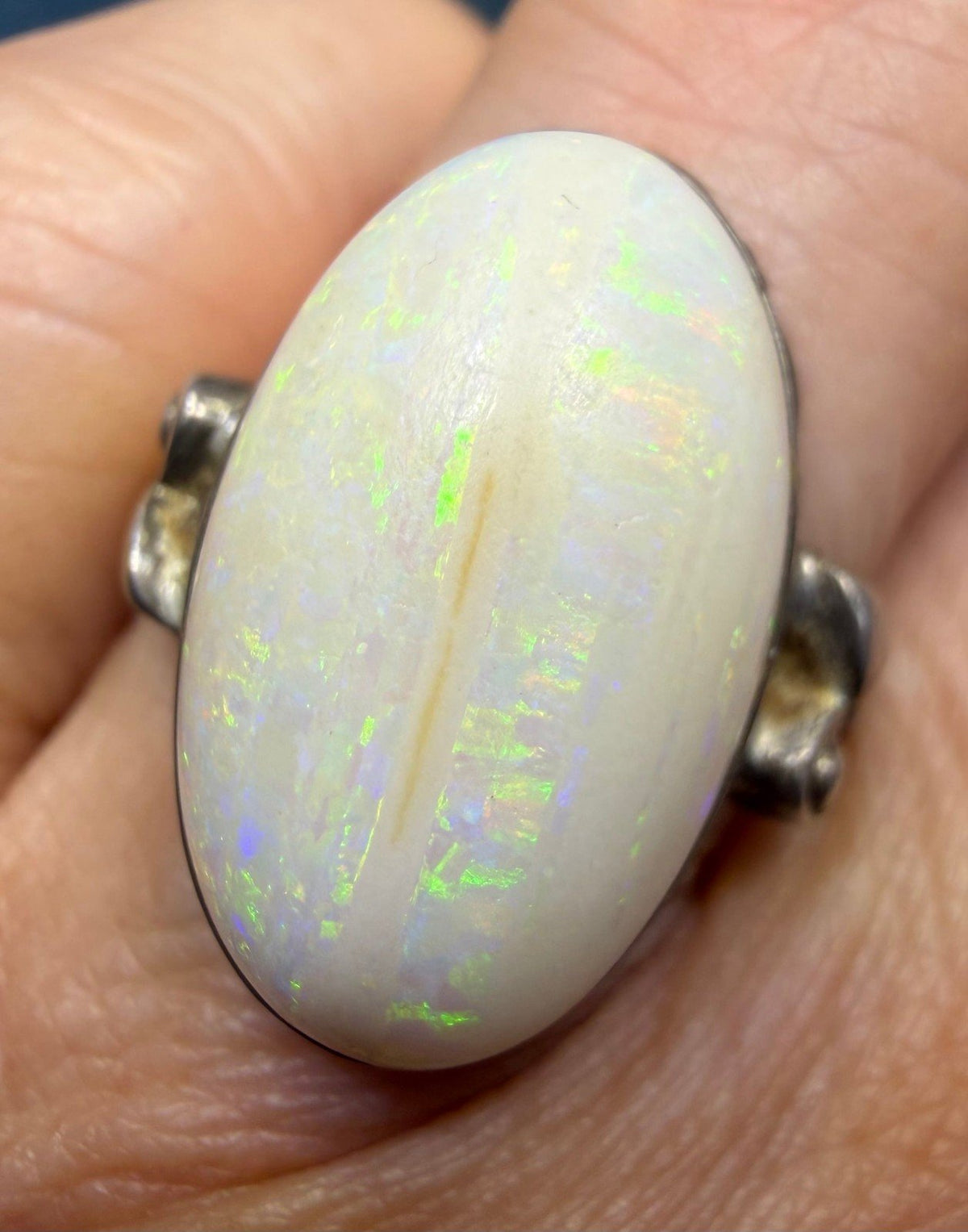 Australian Opal Ring in Sterling Silver. Green Fire 3/4" *Video*