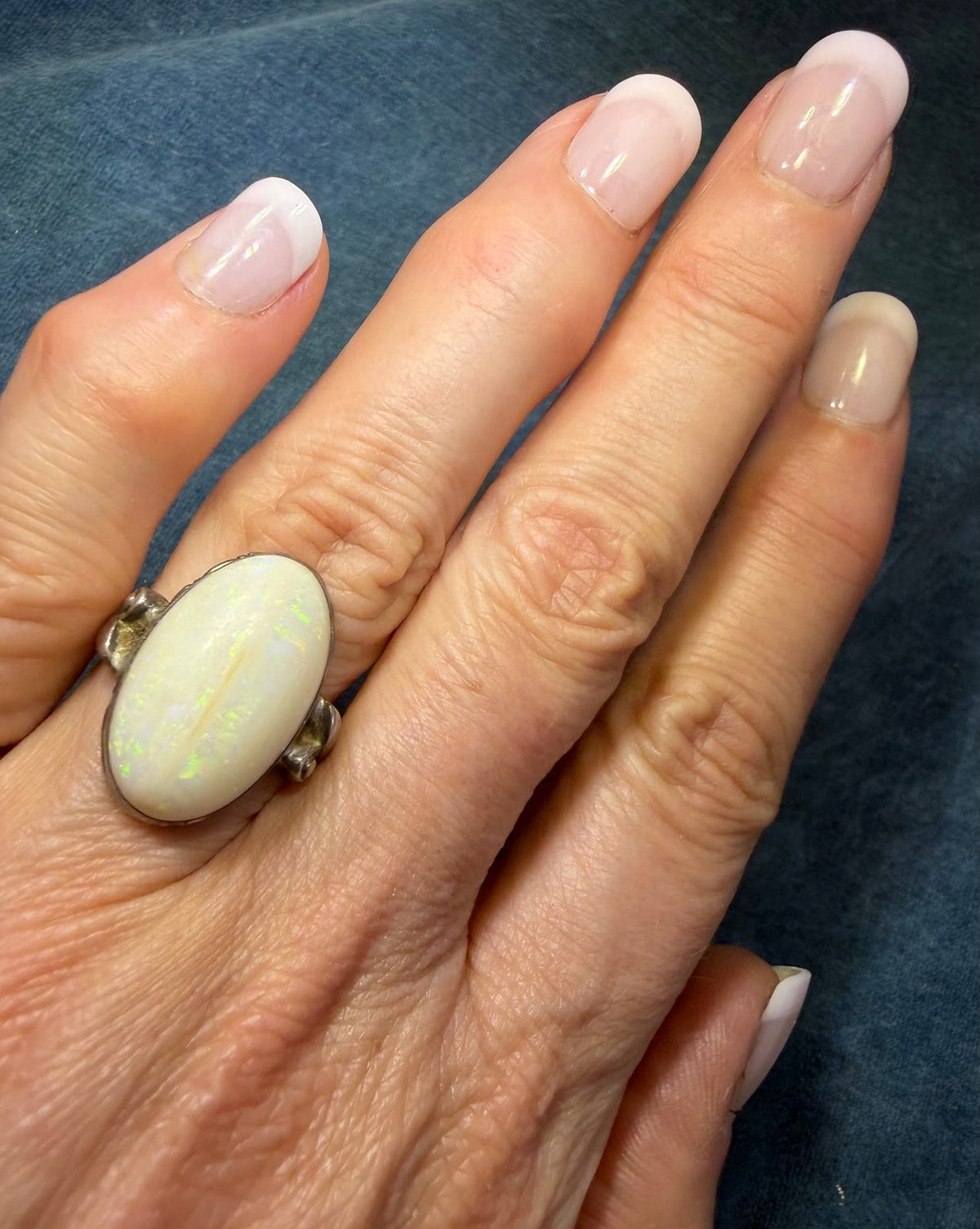 Australian Opal Ring in Sterling Silver. Green Fire 3/4" *Video*