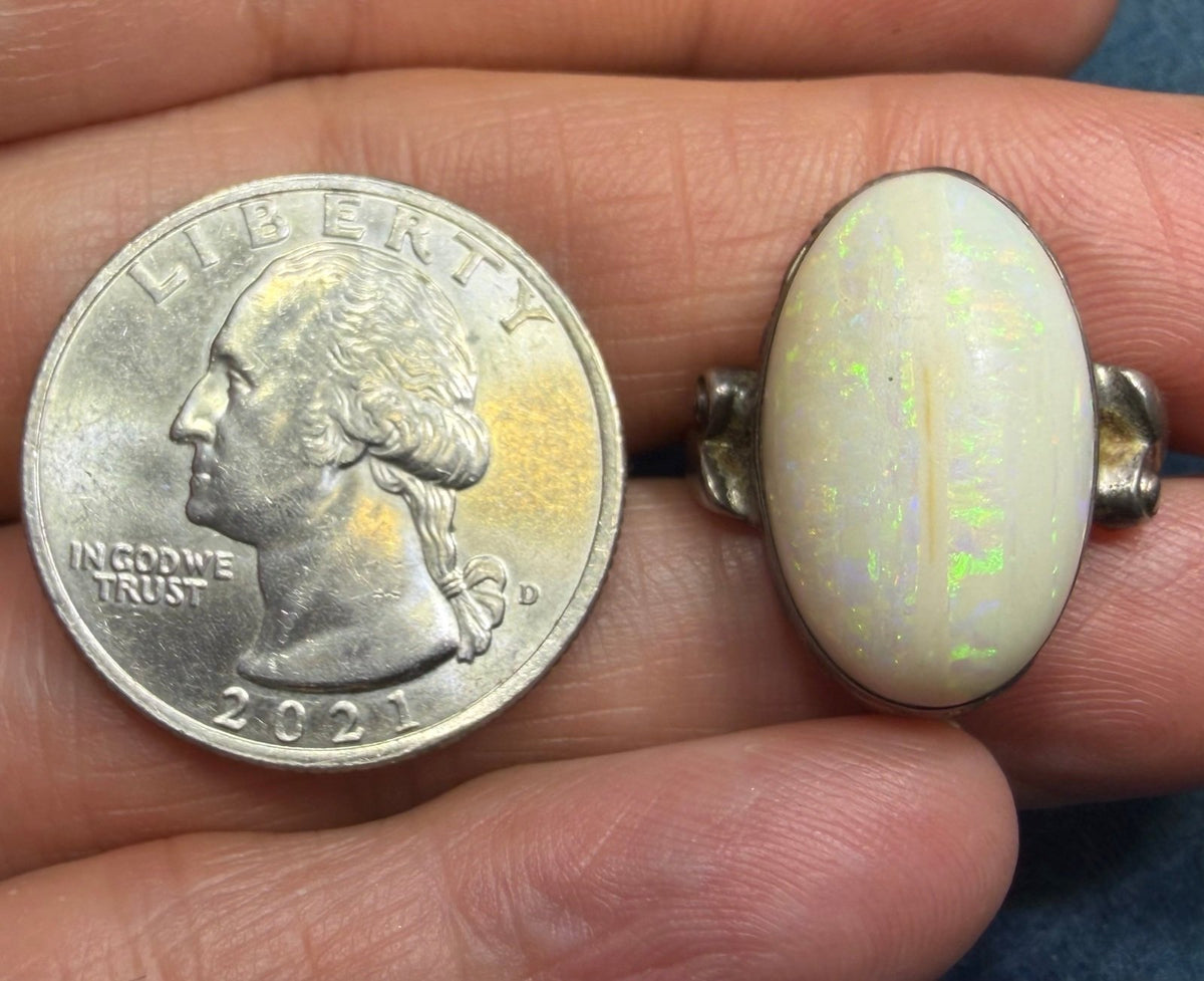 Australian Opal Ring in Sterling Silver. Green Fire 3/4" *Video*