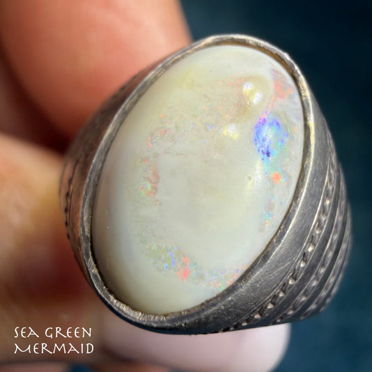 Australian Opal "Snake" Signet Ring in 925. Bezel-Set *Video*