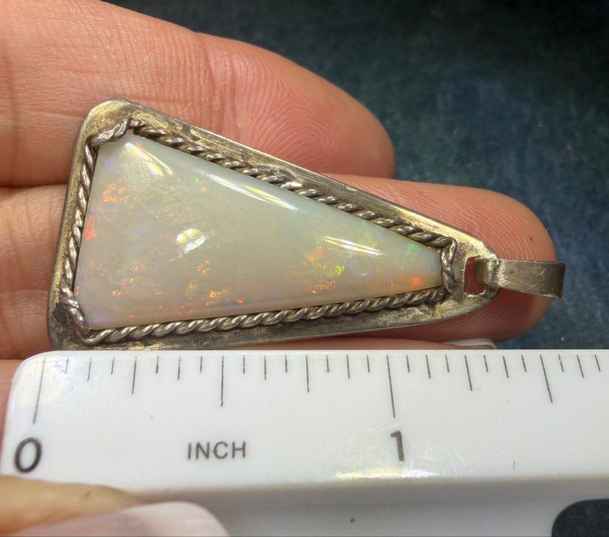 Australian Opal Sterling Silver Triangle Pendant. Old Pawn 1.5" *Video*