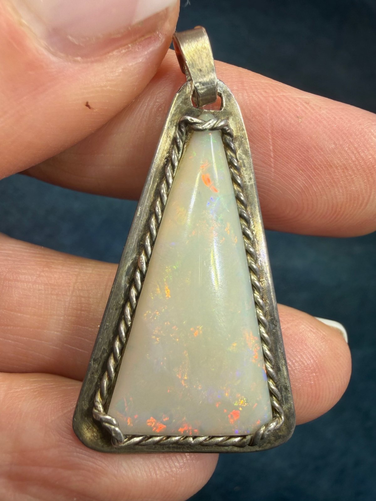 Australian Opal Sterling Silver Triangle Pendant. Old Pawn 1.5" *Video*