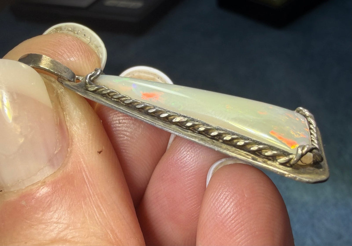 Australian Opal Sterling Silver Triangle Pendant. Old Pawn 1.5" *Video*