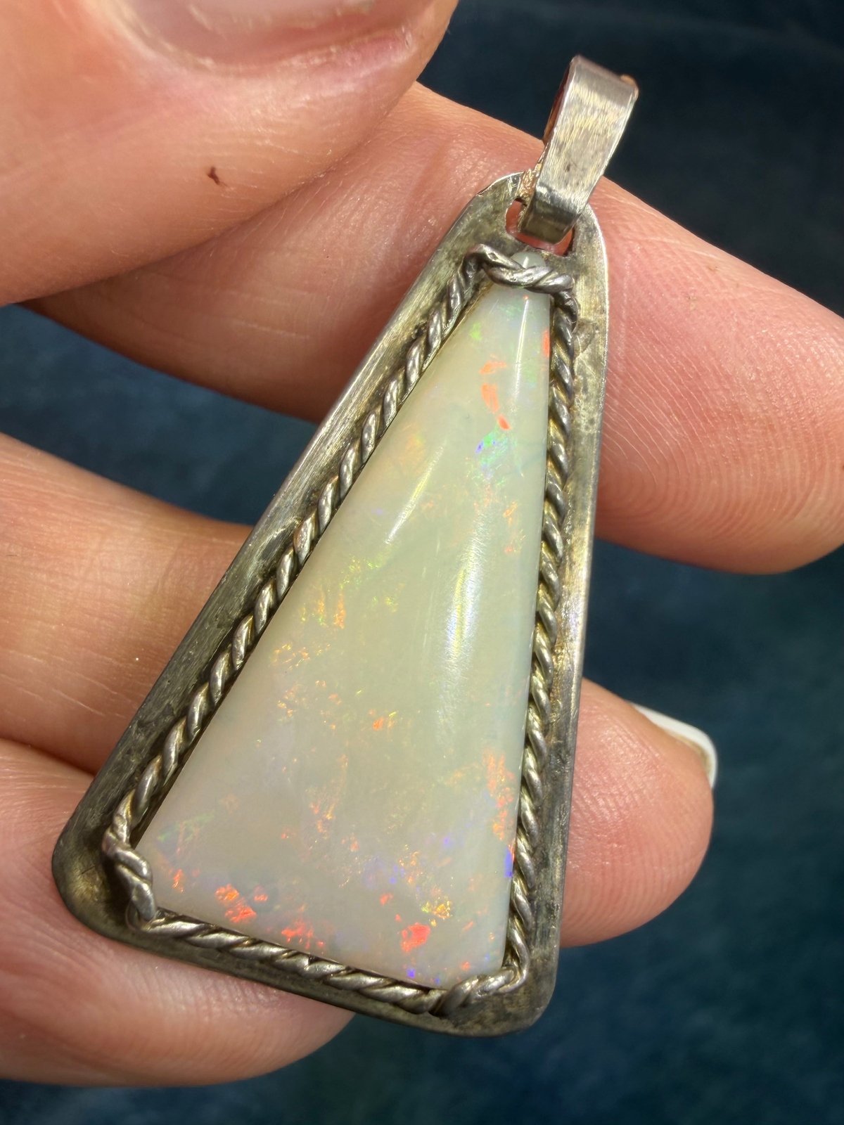 Australian Opal Sterling Silver Triangle Pendant. Old Pawn 1.5" *Video*