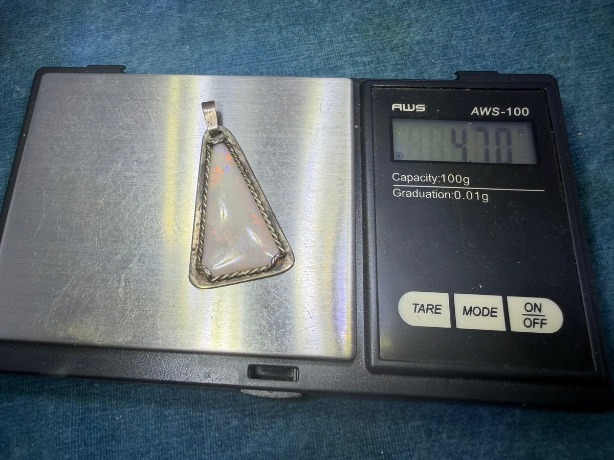 Australian Opal Sterling Silver Triangle Pendant. Old Pawn 1.5" *Video*