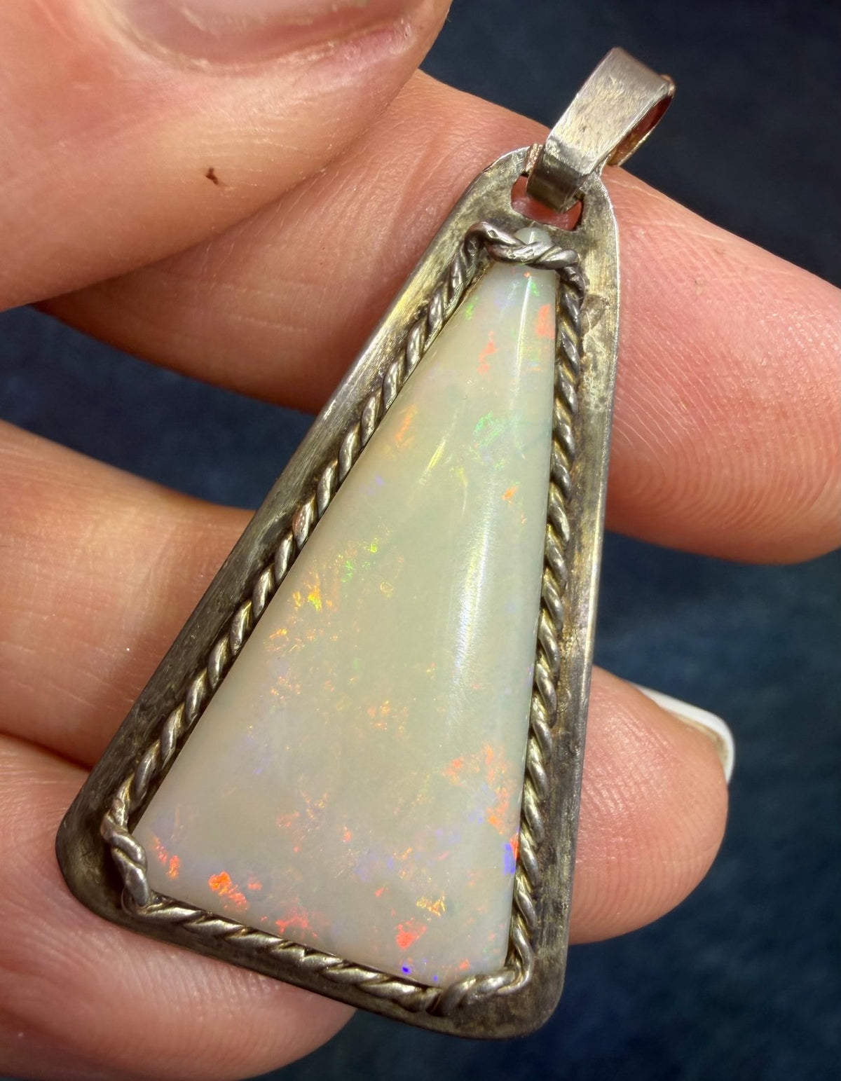 Australian Opal Sterling Silver Triangle Pendant. Old Pawn 1.5" *Video*