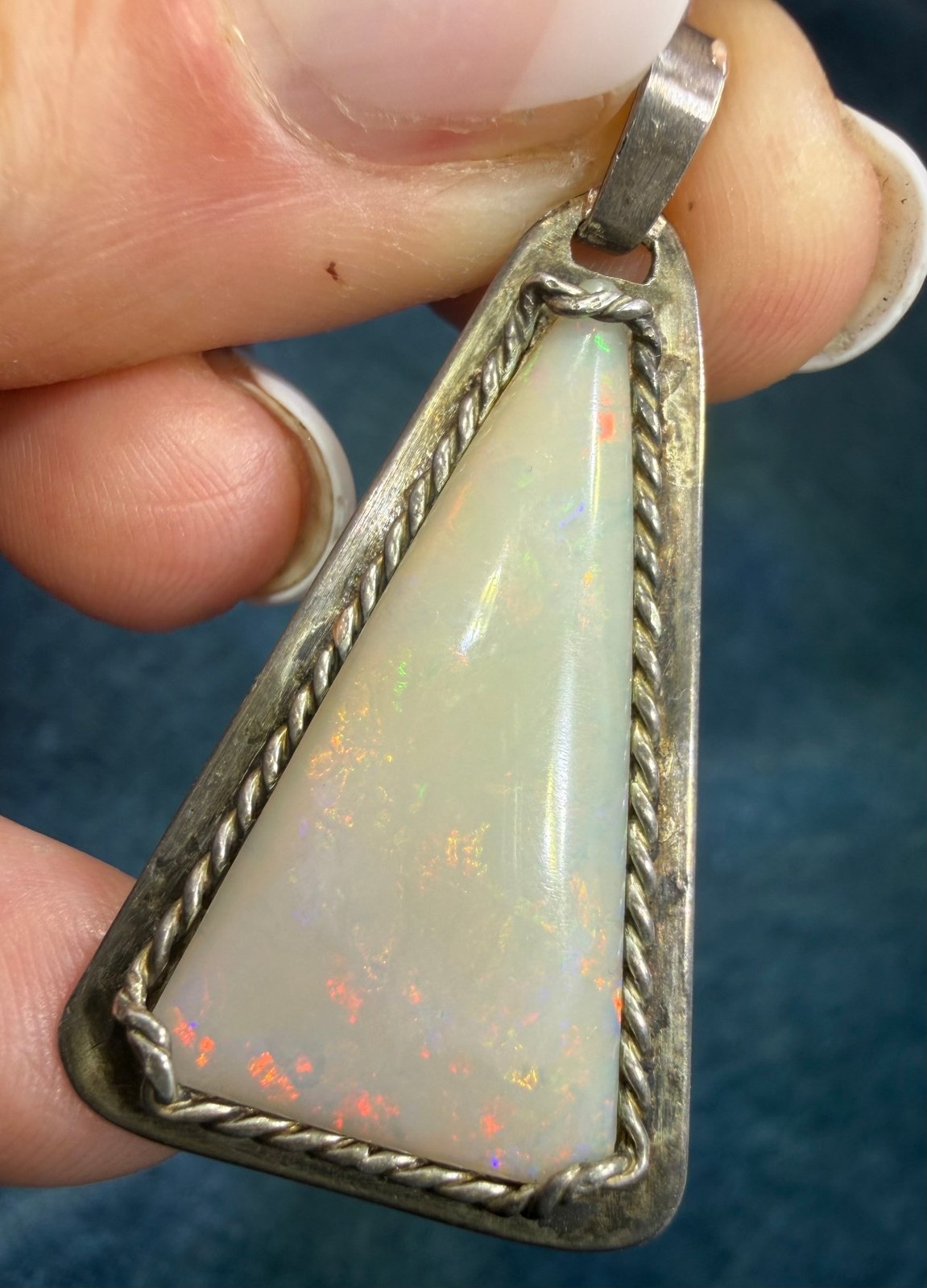 Australian Opal Sterling Silver Triangle Pendant. Old Pawn 1.5" *Video*