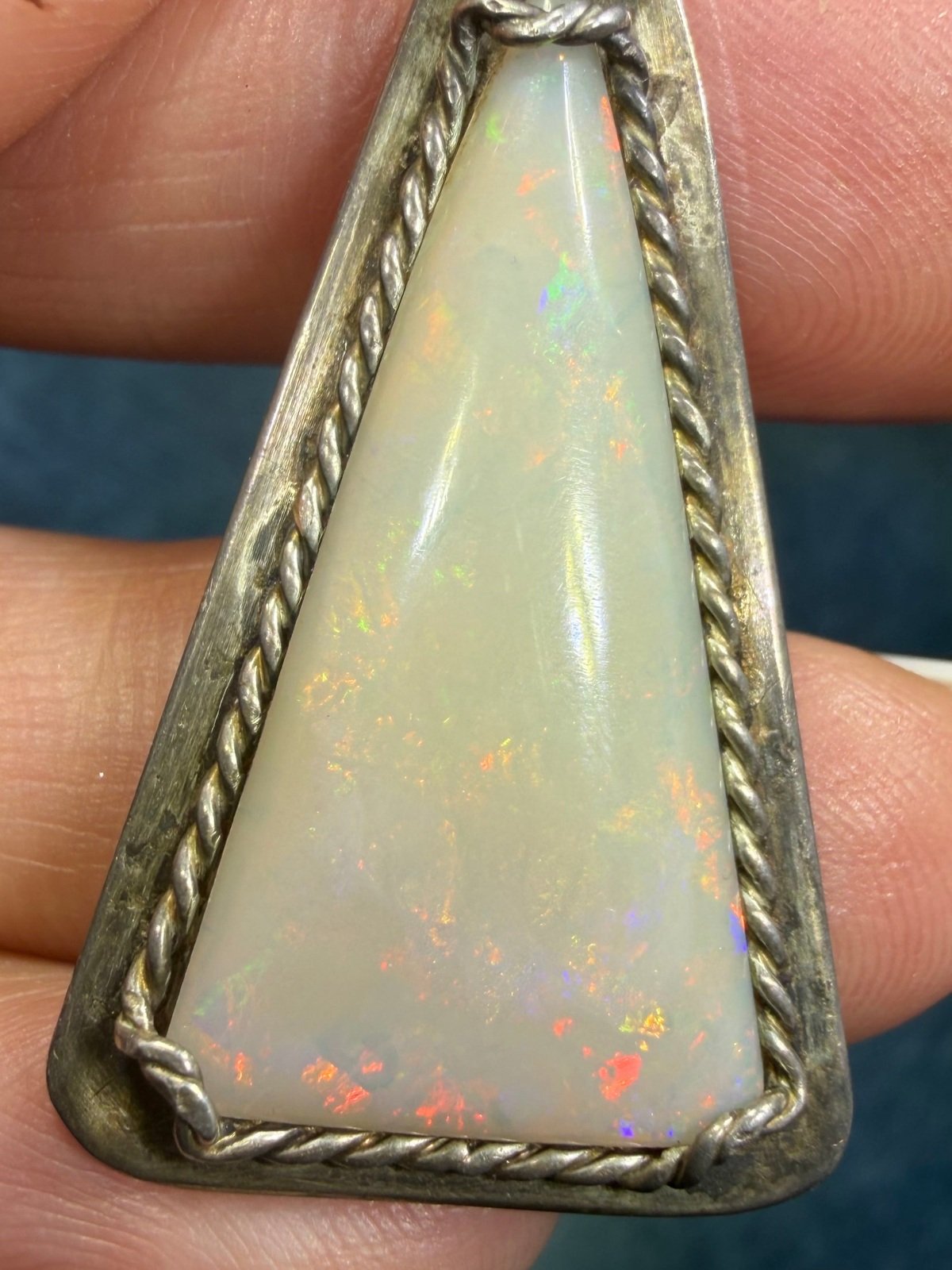 Australian Opal Sterling Silver Triangle Pendant. Old Pawn 1.5" *Video*